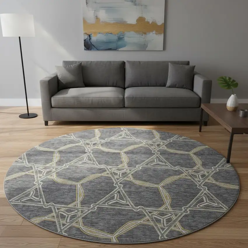 8' Charcoal Gold And Ivory Geometric Washable Round Rug With UV Protection Photo 2