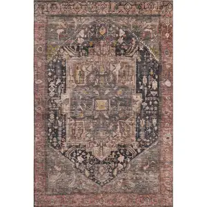 Photo of 8' Charcoal Gold And Rust Oriental Washable Area Rug With UV Protection