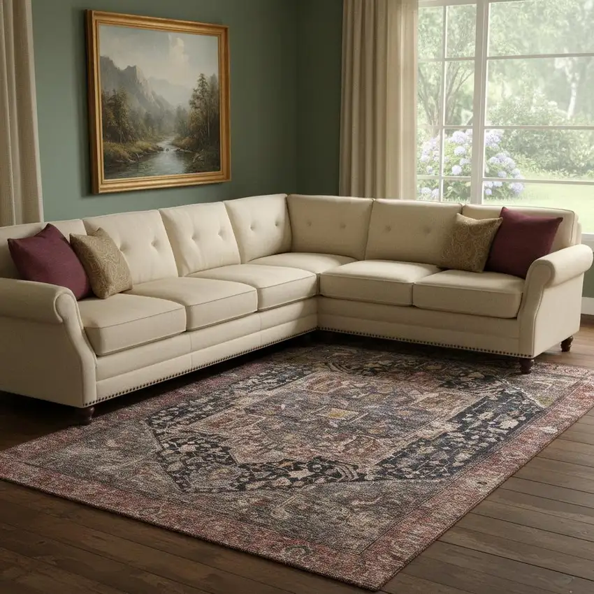 8' Charcoal Gold And Rust Oriental Washable Area Rug With UV Protection Photo 2