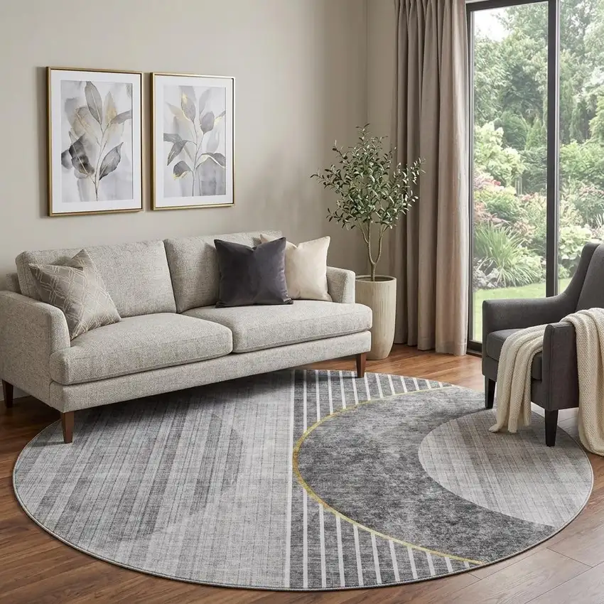 8' Charcoal Gold And Silver Geometric Washable Round Rug With UV Protection Photo 1