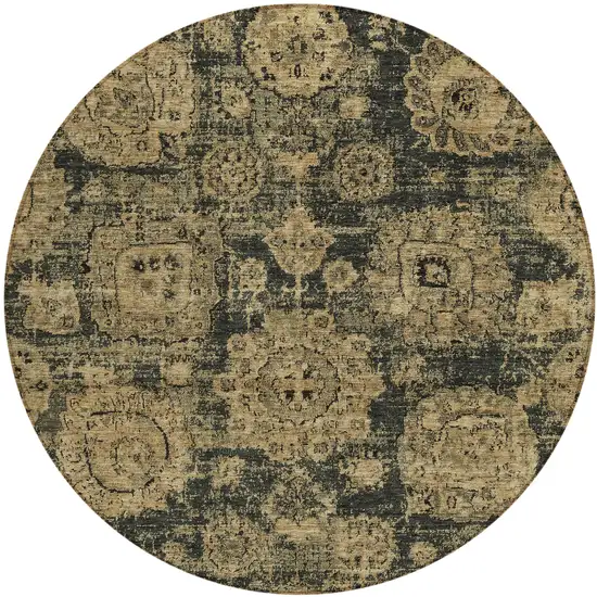 8' Charcoal Gold And Tan Round Floral Washable Indoor Outdoor Area Rug Photo 1
