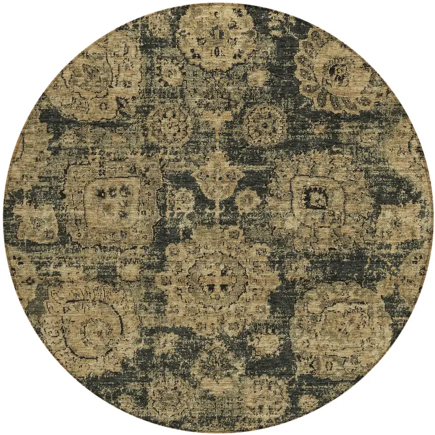 8' Charcoal Gold And Tan Round Floral Washable Indoor Outdoor Area Rug Photo 1
