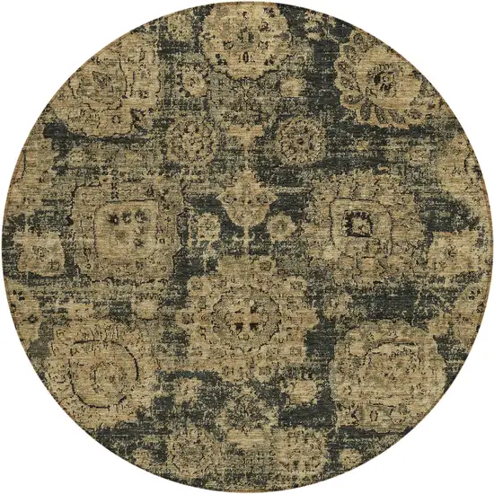 8' Charcoal Gold And Tan Round Floral Washable Indoor Outdoor Area Rug Photo 1