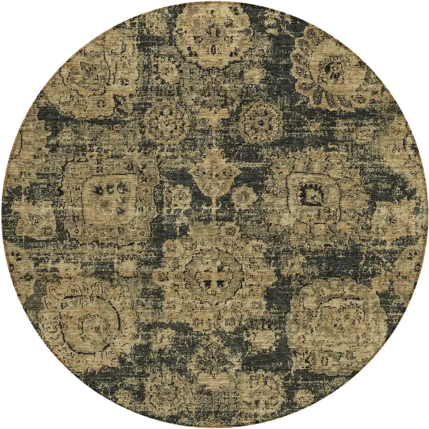 8' Charcoal Gold And Tan Round Floral Washable Indoor Outdoor Area Rug Photo 1
