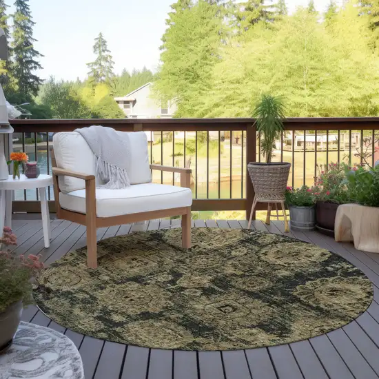 8' Charcoal Gold And Tan Round Floral Washable Indoor Outdoor Area Rug Photo 6