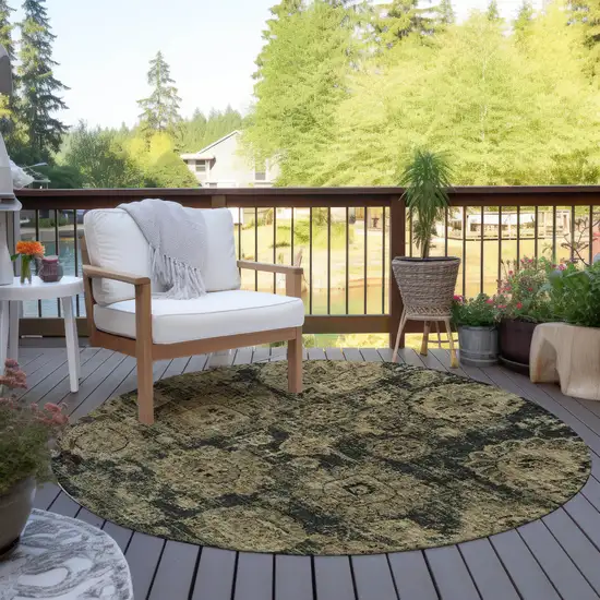 8' Charcoal Gold And Tan Round Floral Washable Indoor Outdoor Area Rug Photo 6