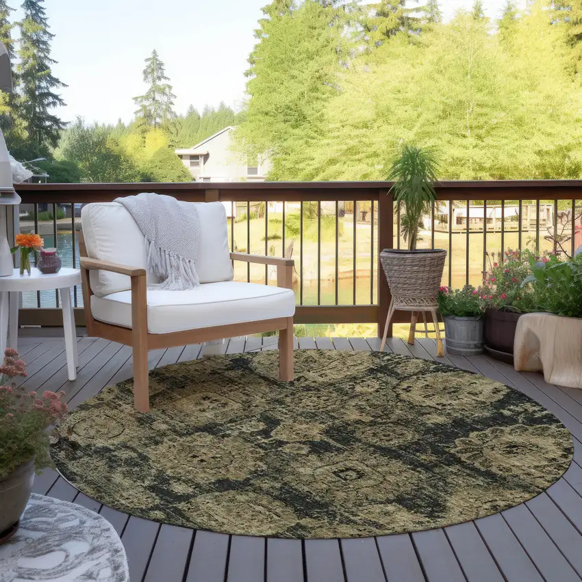 8' Charcoal Gold And Tan Round Floral Washable Indoor Outdoor Area Rug Photo 6