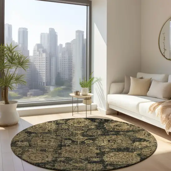 8' Charcoal Gold And Tan Round Floral Washable Indoor Outdoor Area Rug Photo 7