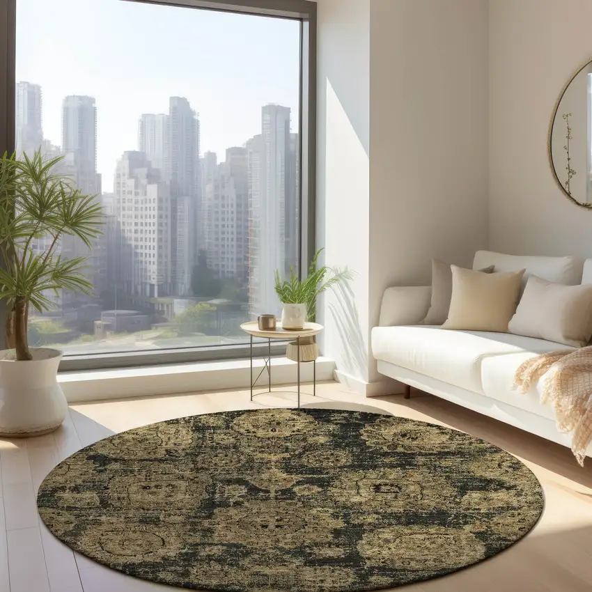 8' Charcoal Gold And Tan Round Floral Washable Indoor Outdoor Area Rug Photo 7