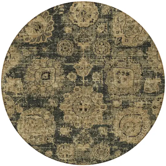 8' Charcoal Gold And Tan Round Floral Washable Indoor Outdoor Area Rug Photo 5