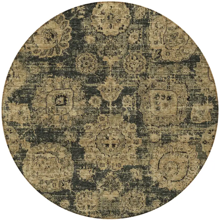 8' Charcoal Gold And Tan Round Floral Washable Indoor Outdoor Area Rug Photo 5
