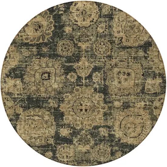 8' Charcoal Gold And Tan Round Floral Washable Indoor Outdoor Area Rug Photo 5