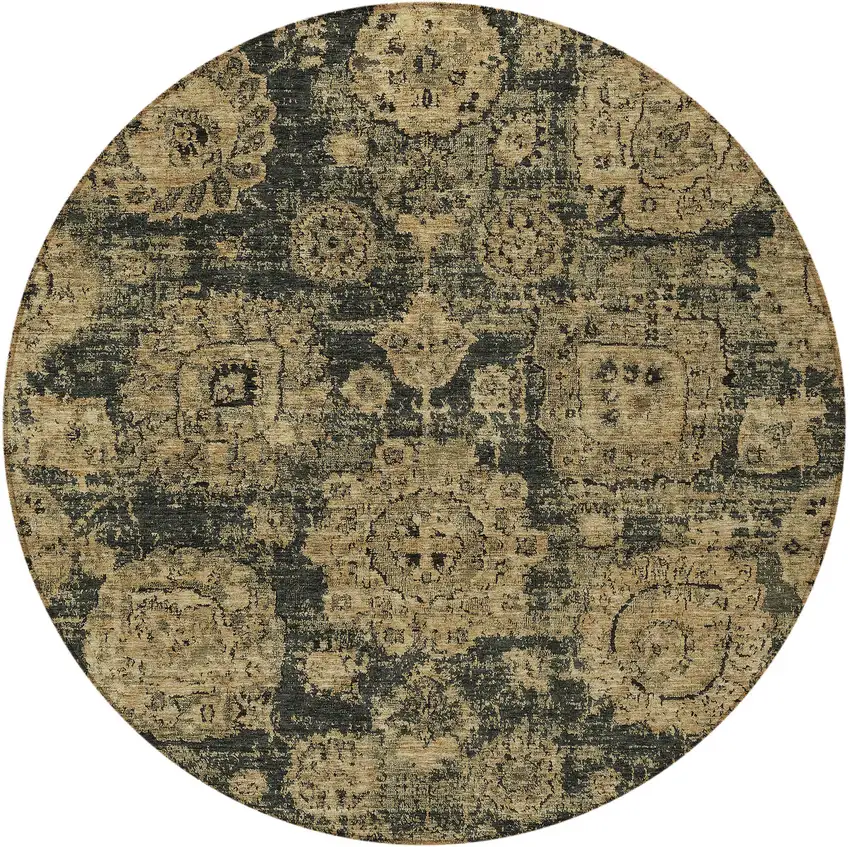 8' Charcoal Gold And Tan Round Floral Washable Indoor Outdoor Area Rug Photo 5