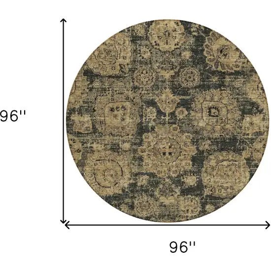 8' Charcoal Gold And Tan Round Floral Washable Indoor Outdoor Area Rug Photo 8
