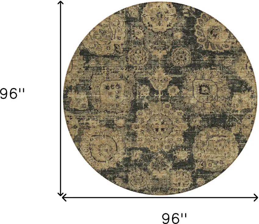 8' Charcoal Gold And Tan Round Floral Washable Indoor Outdoor Area Rug Photo 8