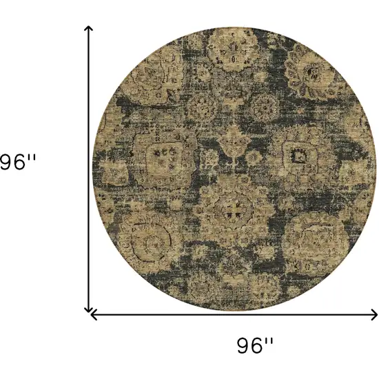 8' Charcoal Gold And Tan Round Floral Washable Indoor Outdoor Area Rug Photo 8