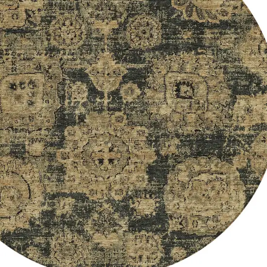 8' Charcoal Gold And Tan Round Floral Washable Indoor Outdoor Area Rug Photo 4