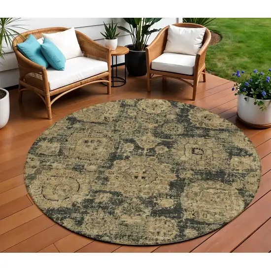 8' Charcoal Gold And Tan Round Floral Washable Indoor Outdoor Area Rug Photo 1