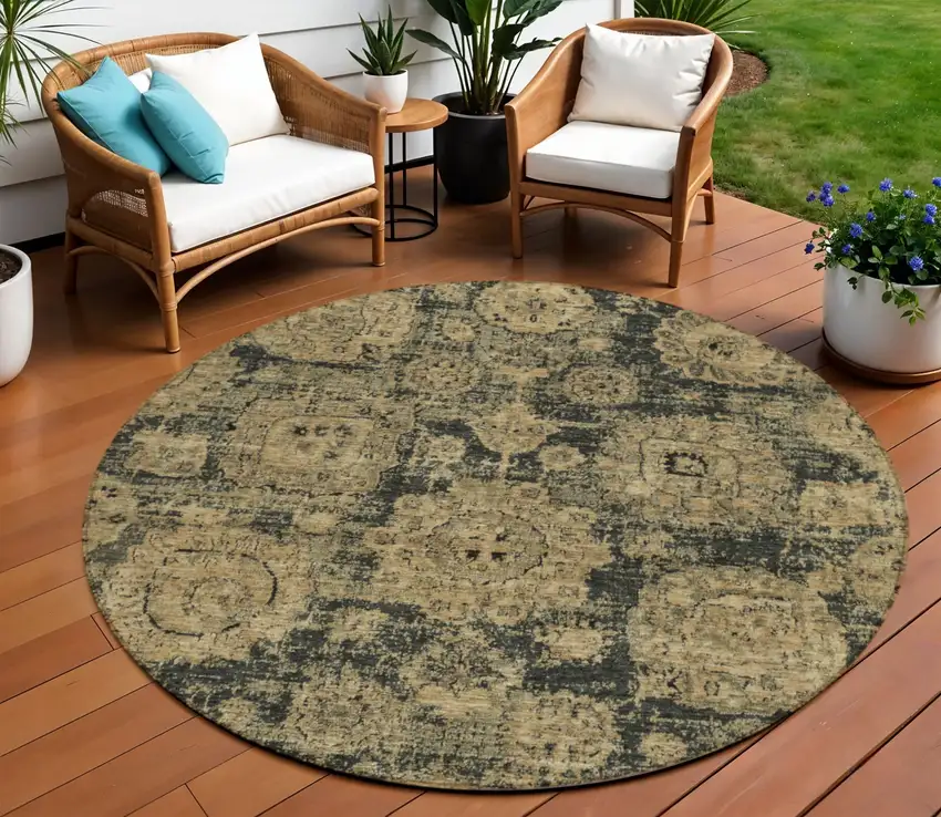 8' Charcoal Gold And Tan Round Floral Washable Indoor Outdoor Area Rug Photo 1