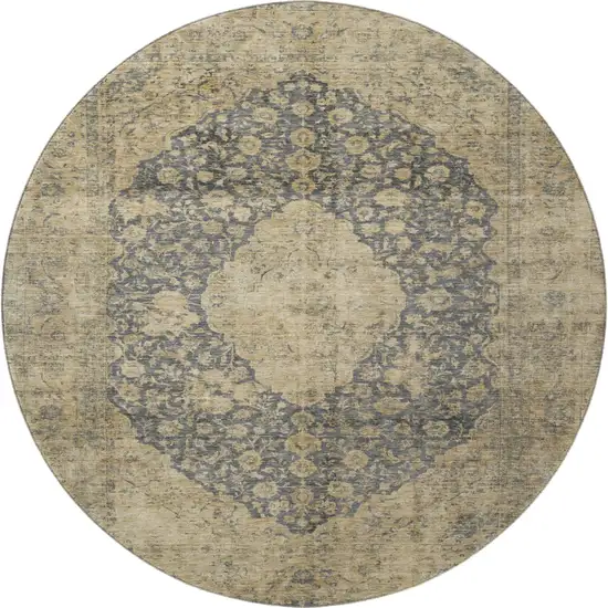 8' Charcoal Gray And Beige Medallion Washable Round Rug With UV Protection Photo 2