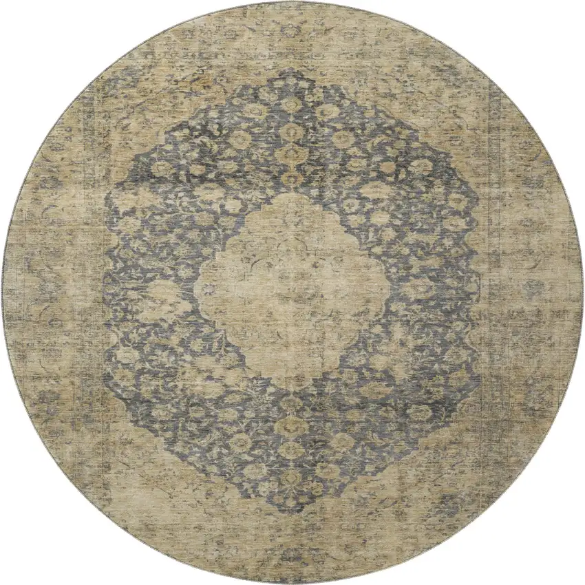 8' Charcoal Gray And Beige Medallion Washable Round Rug With UV Protection Photo 2