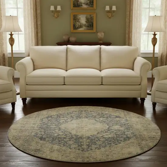 8' Charcoal Gray And Beige Medallion Washable Round Rug With UV Protection Photo 2