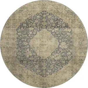 Photo of 8' Charcoal Gray And Beige Medallion Washable Round Rug With UV Protection