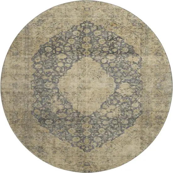 8' Charcoal Gray And Beige Medallion Washable Round Rug With UV Protection Photo 1