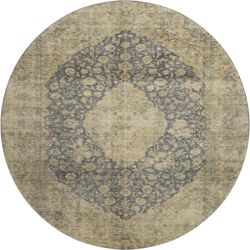 8' Charcoal Gray And Beige Medallion Washable Round Rug With UV Protection Photo 1