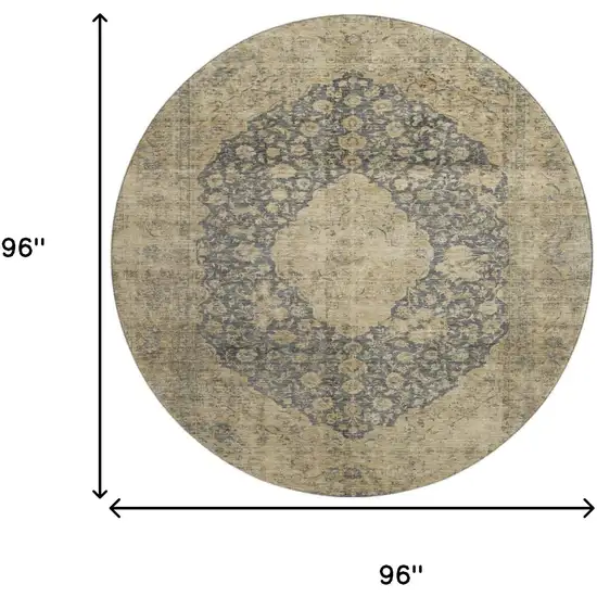8' Charcoal Gray And Beige Medallion Washable Round Rug With UV Protection Photo 8