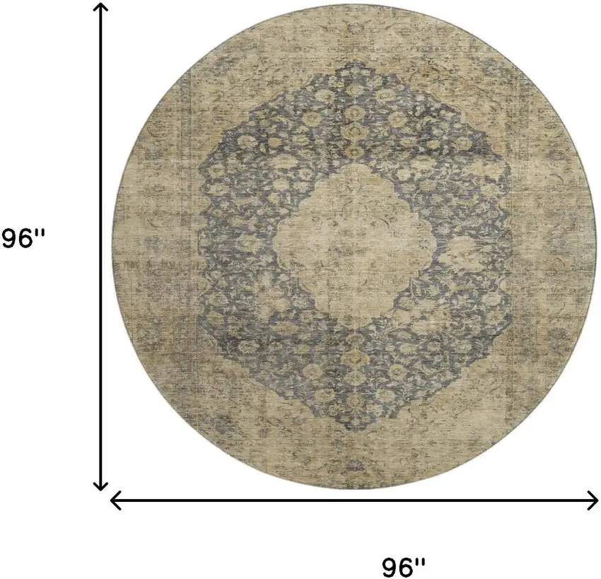 8' Charcoal Gray And Beige Medallion Washable Round Rug With UV Protection Photo 8