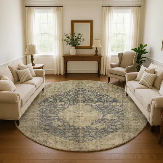 8' Charcoal Gray And Beige Medallion Washable Round Rug With UV Protection Photo 3