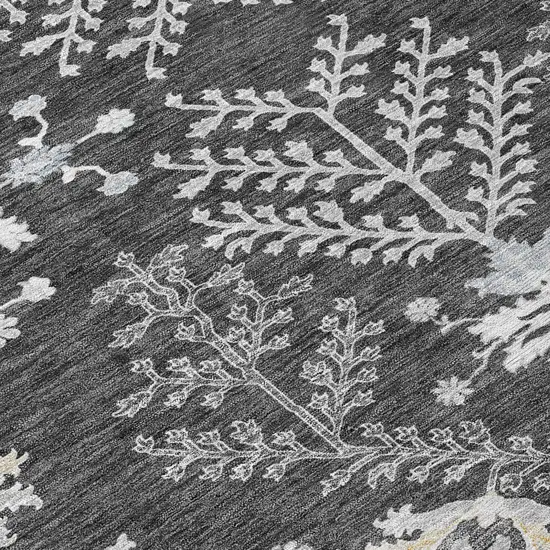 8' Charcoal Gray And Beige Round Floral Washable Indoor Outdoor Area Rug Photo 8