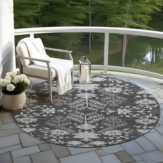 8' Charcoal Gray And Beige Round Floral Washable Indoor Outdoor Area Rug Photo 7
