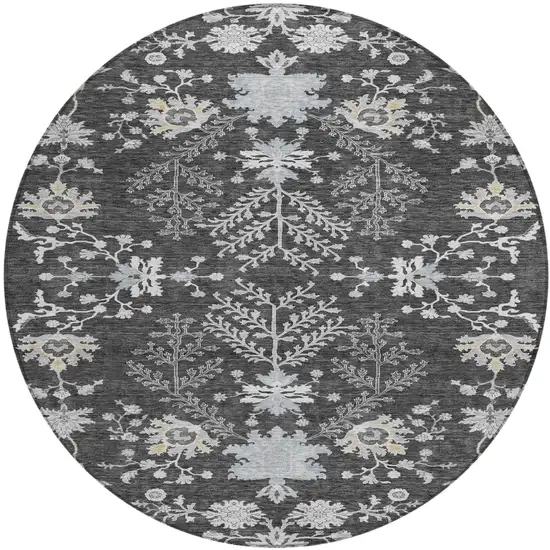 8' Charcoal Gray And Beige Round Floral Washable Indoor Outdoor Area Rug Photo 2