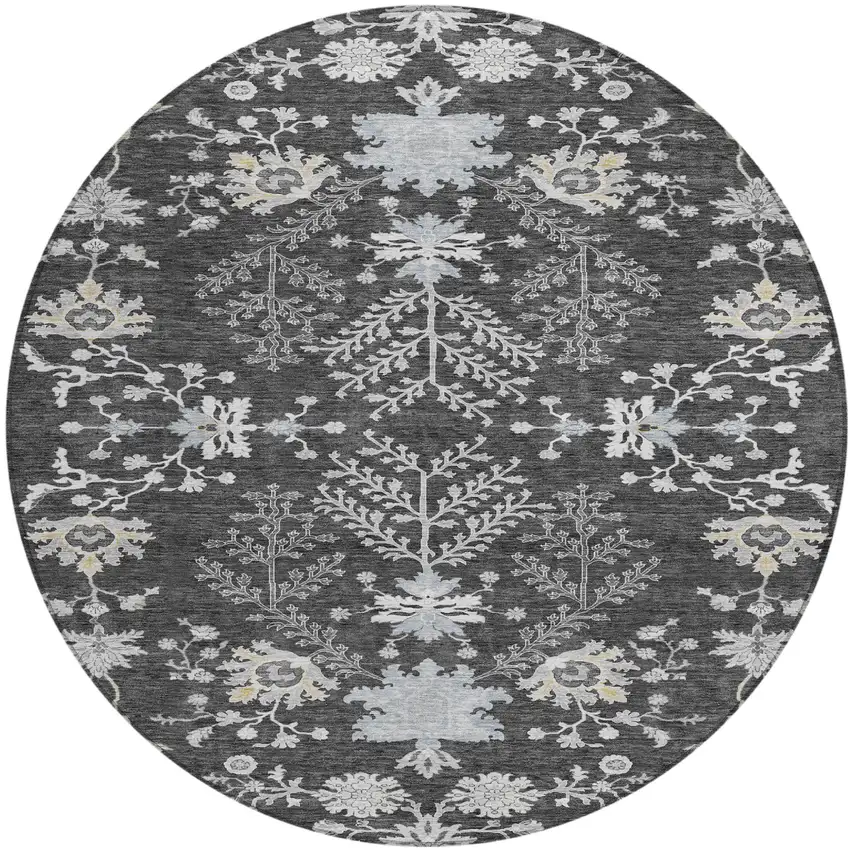 8' Charcoal Gray And Beige Round Floral Washable Indoor Outdoor Area Rug Photo 2