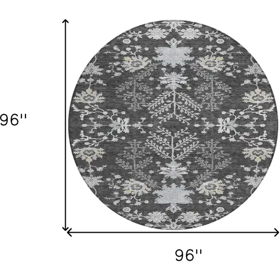 8' Charcoal Gray And Beige Round Floral Washable Indoor Outdoor Area Rug Photo 9