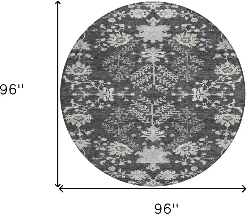 8' Charcoal Gray And Beige Round Floral Washable Indoor Outdoor Area Rug Photo 9