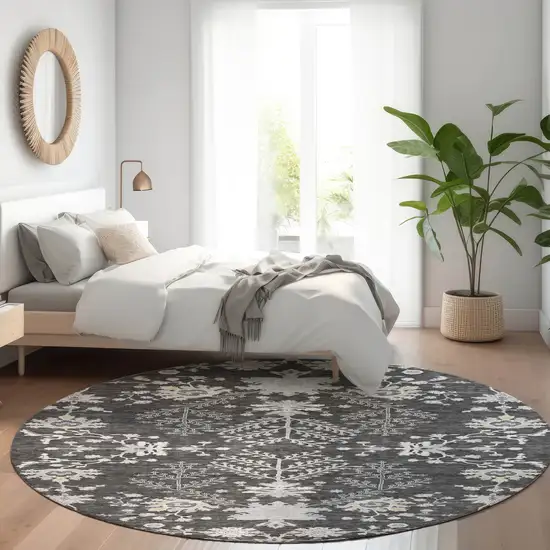 8' Charcoal Gray And Beige Round Floral Washable Indoor Outdoor Area Rug Photo 8