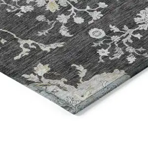 Photo of 8' Charcoal Gray And Beige Round Floral Washable Indoor Outdoor Area Rug