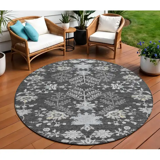 8' Charcoal Gray And Beige Round Floral Washable Indoor Outdoor Area Rug Photo 1