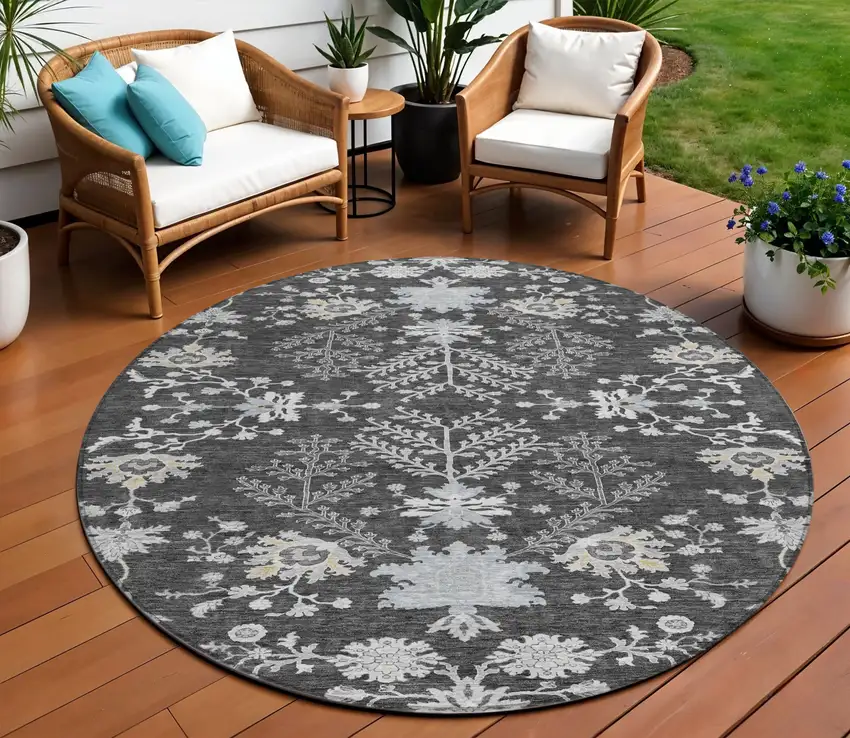 8' Charcoal Gray And Beige Round Floral Washable Indoor Outdoor Area Rug Photo 1