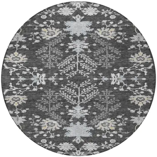 8' Charcoal Gray And Beige Round Floral Washable Indoor Outdoor Area Rug Photo 6