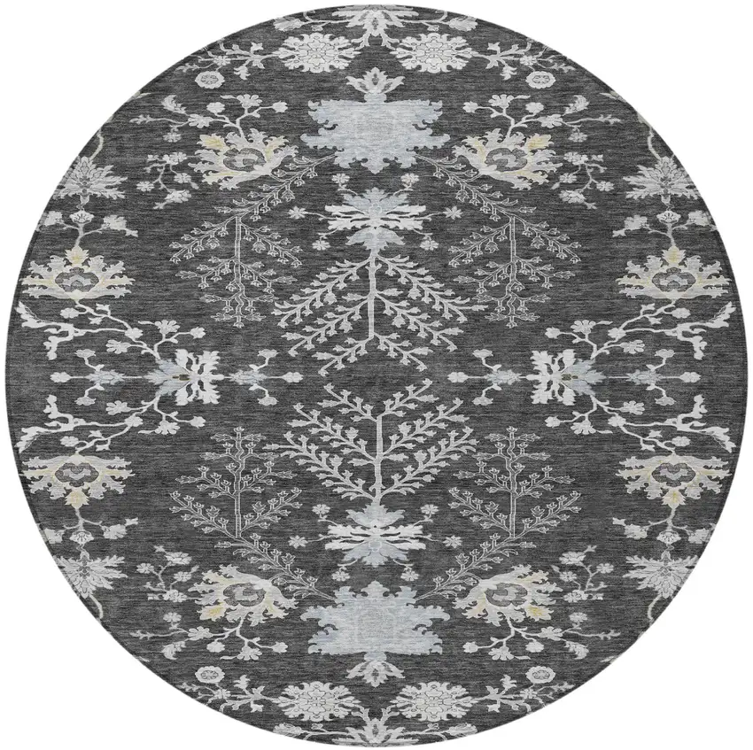 8' Charcoal Gray And Beige Round Floral Washable Indoor Outdoor Area Rug Photo 6