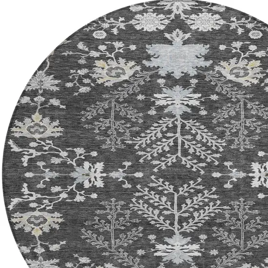 8' Charcoal Gray And Beige Round Floral Washable Indoor Outdoor Area Rug Photo 5