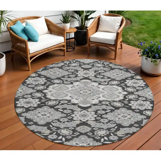 8' Charcoal Gray And Beige Round Medallion Washable Indoor Outdoor Area Rug Photo 2