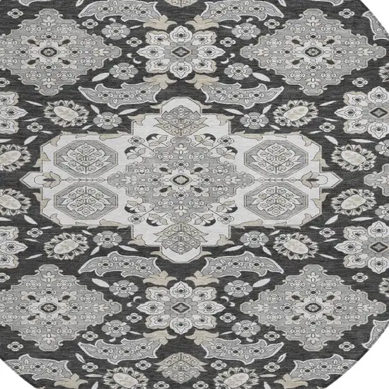 8' Charcoal Gray And Beige Round Medallion Washable Indoor Outdoor Area Rug Photo 8