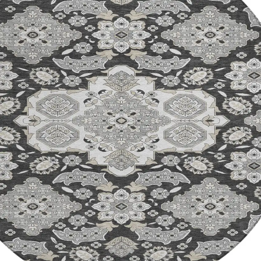 8' Charcoal Gray And Beige Round Medallion Washable Indoor Outdoor Area Rug Photo 8