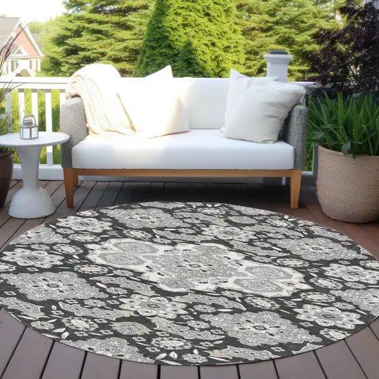 8' Charcoal Gray And Beige Round Medallion Washable Indoor Outdoor Area Rug Photo 5