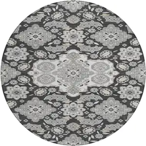 Photo of 8' Charcoal Gray And Beige Round Medallion Washable Indoor Outdoor Area Rug